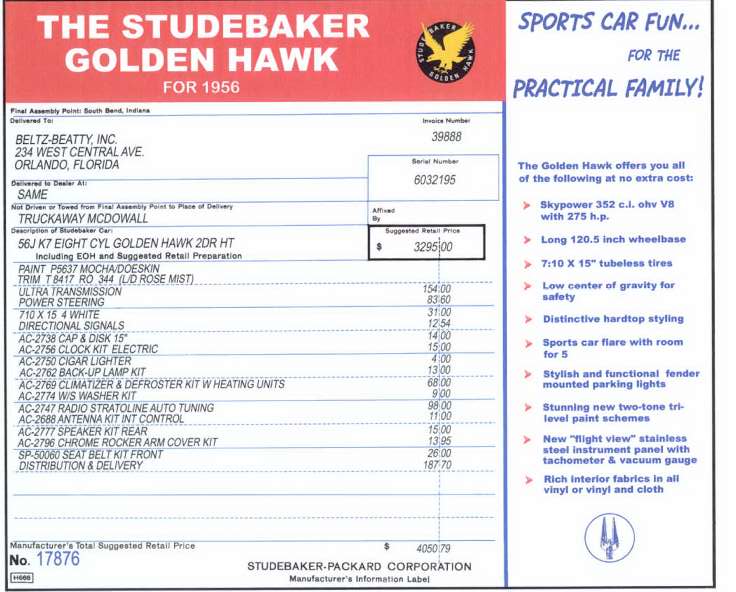 1956 Golden Hawk Window Price Sticker The design is based upon the general